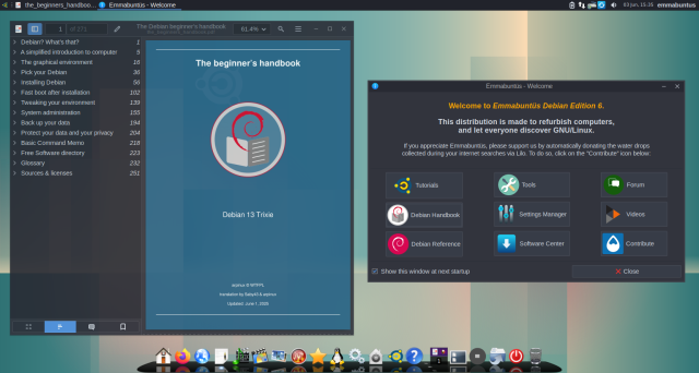 EmmaDE6 Welcome Window with the new version of the Debian Trixie RC 1 Beginner’s Notebooks